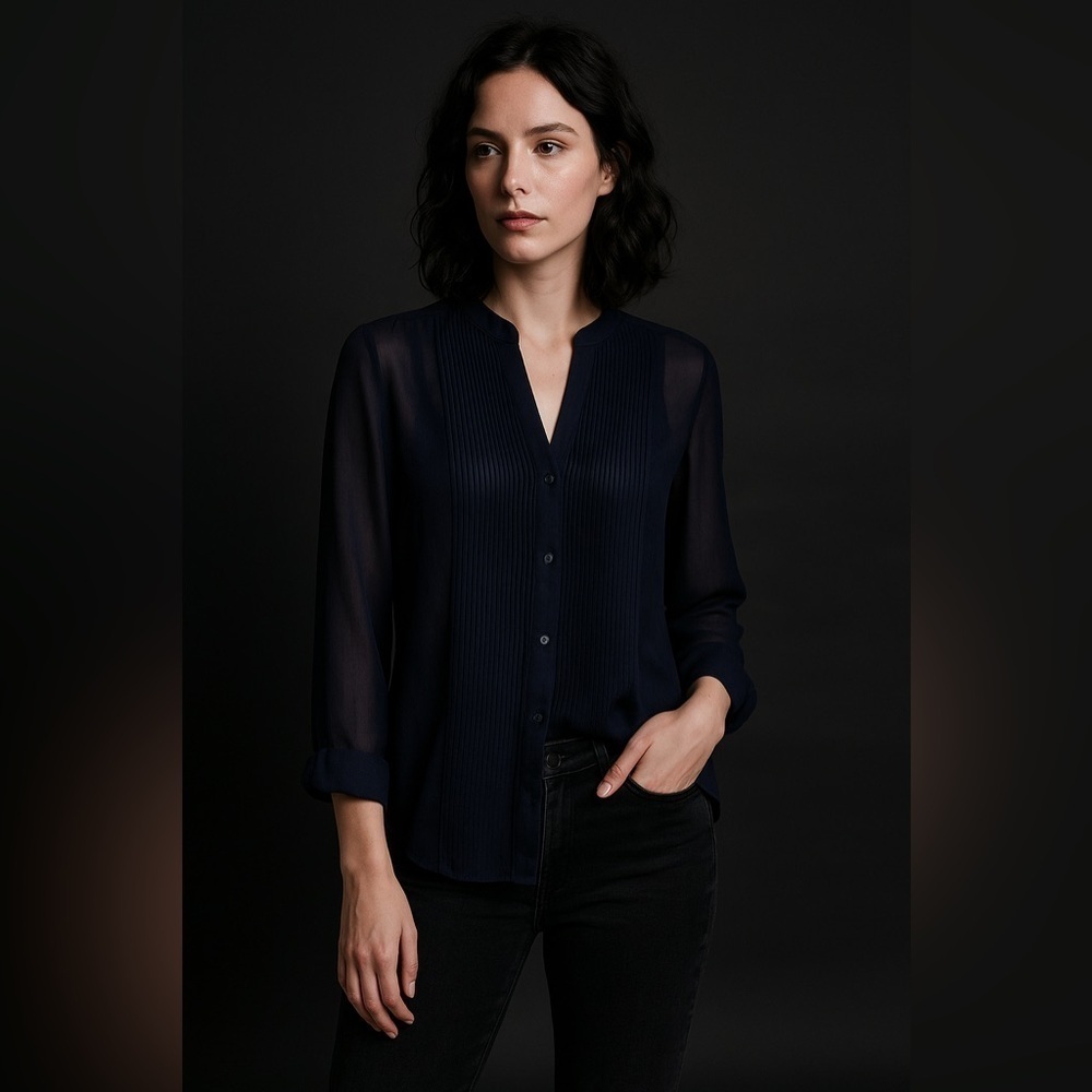 Fate Women’s Navy Blue Sheer Pleated Button Down Blouse Size S Romantic Goth